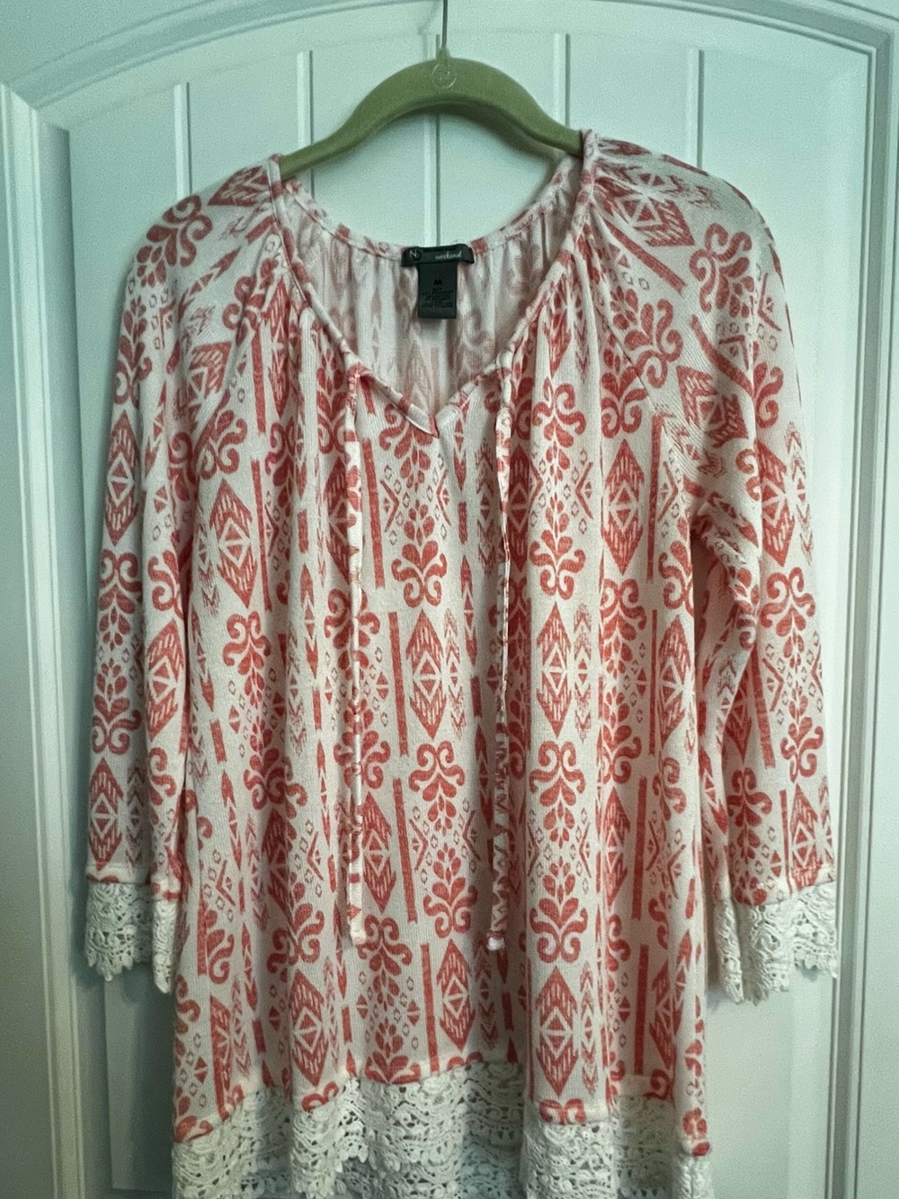new directions Cream Tunic with Coral Geometric Print and Crochet Trim